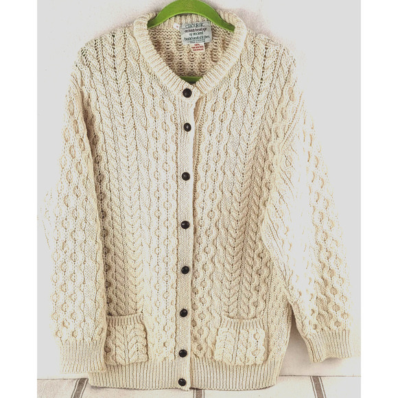 Vintage Cladyknit Cable Knit Irish Wool Cardigan Fisherman Chunky Women's Medium - Picture 1 of 13
